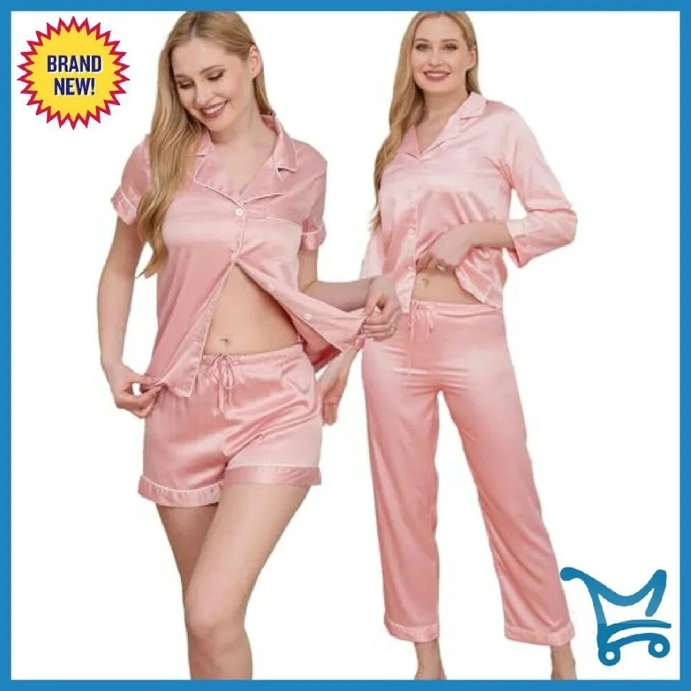 Silk Satin Pajama Set 5-Piece Button Down Lounge Sleepwear